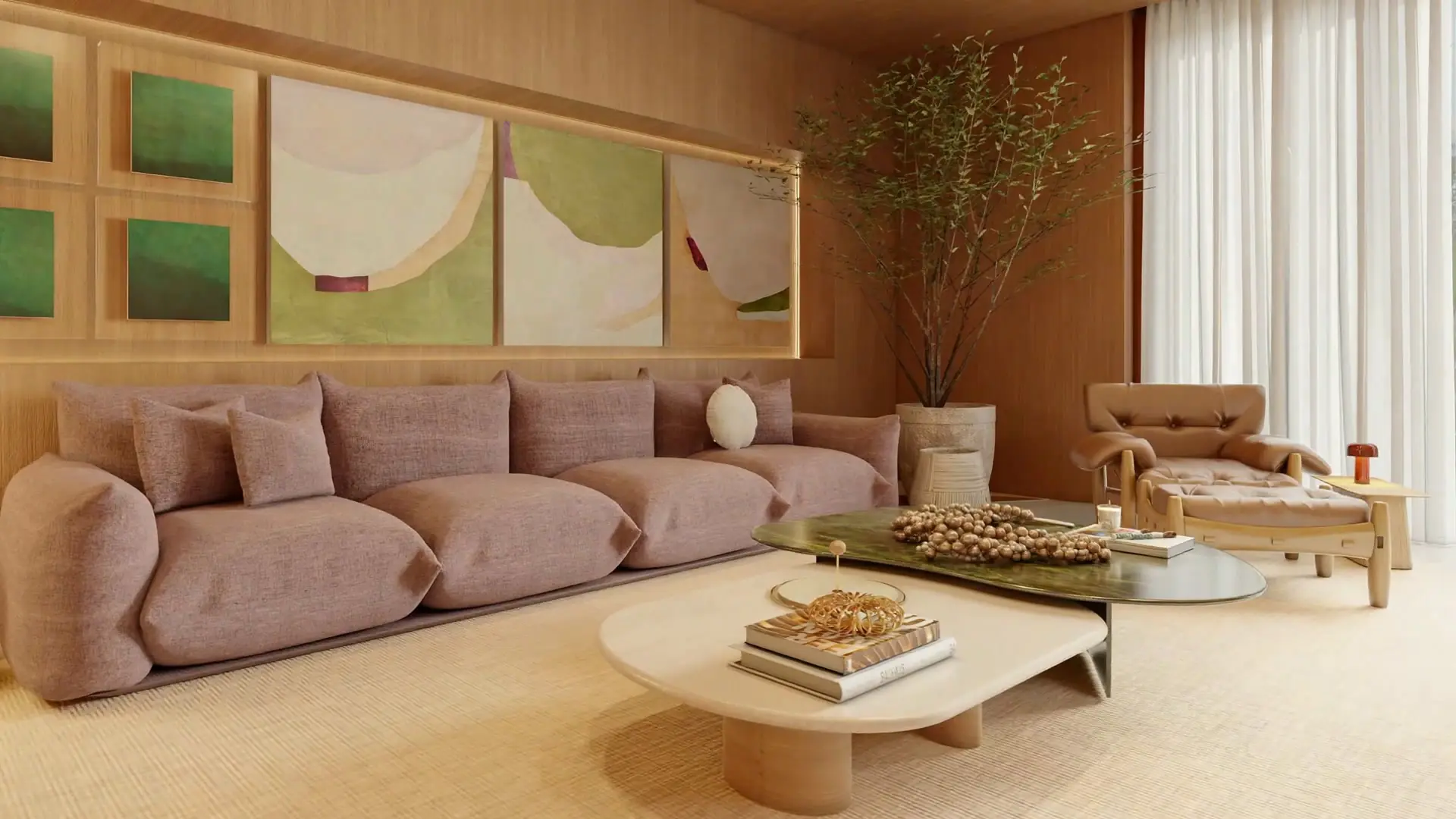Sala do projeto Faria, no Estoril: sofá rosa e madeira clara