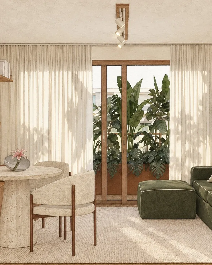 Sala do projeto CF, em Miraflores: sofá verde, mesa redonda e varanda com plantas